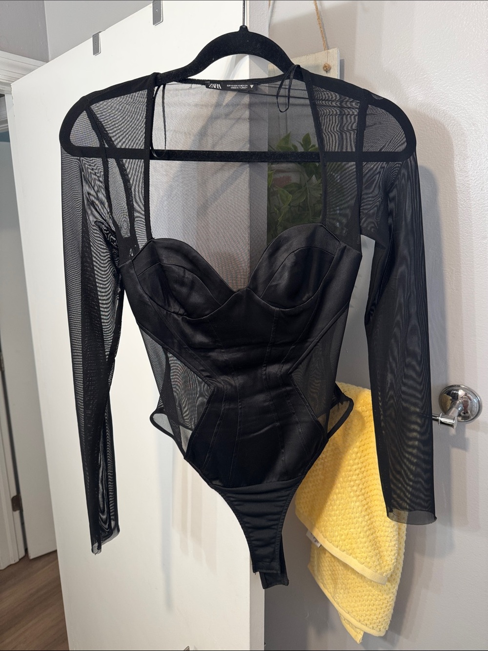 Zara Black Sheer Mesh Long Sleeve Corset-Style Bodysuit